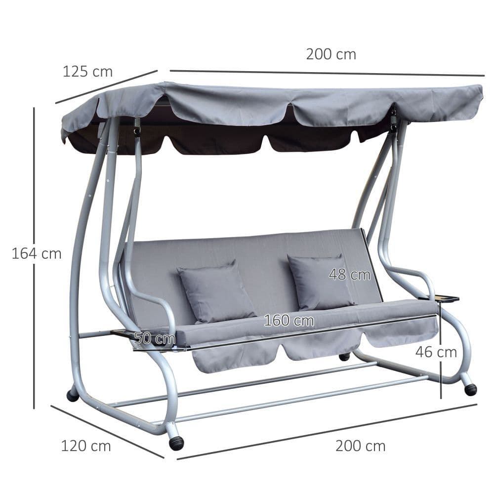 image-Outsunny 3-Seater Garden Hammock Swing Chair Bench Luxury W/2 Free Pillows-Grey