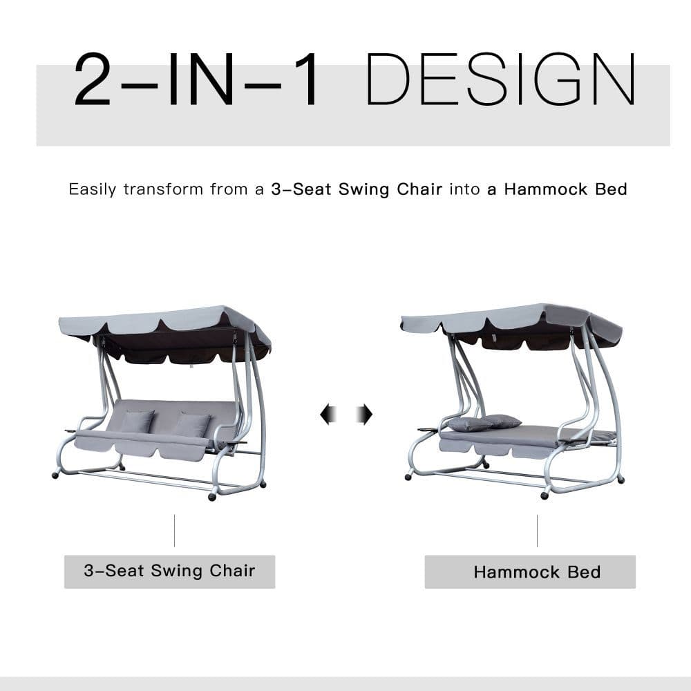 image-Outsunny 3-Seater Garden Hammock Swing Chair Bench Luxury W/2 Free Pillows-Grey