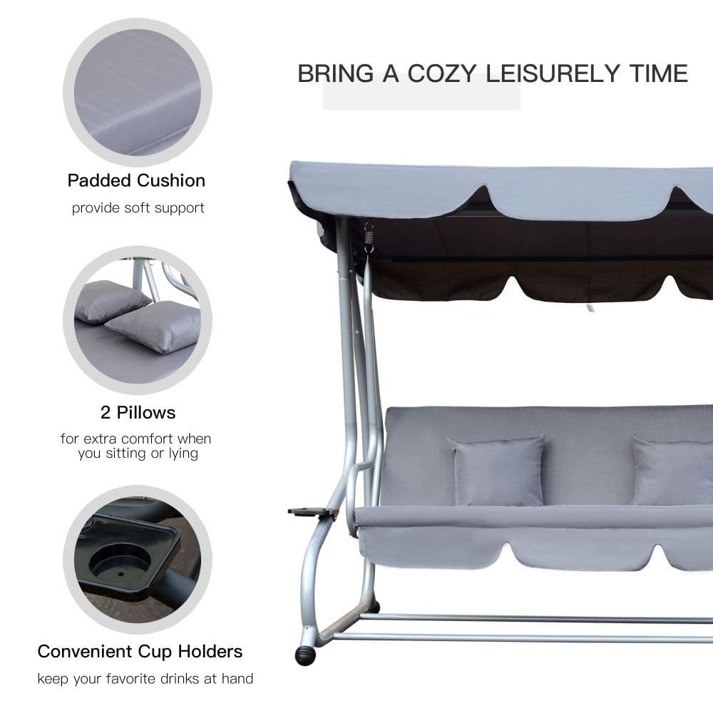 image-Outsunny 3-Seater Garden Hammock Swing Chair Bench Luxury W/2 Free Pillows-Grey