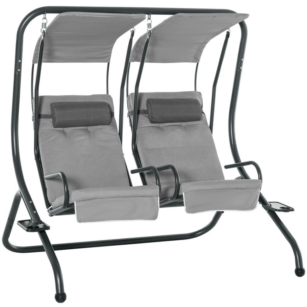 image-Canopy Swing Modern Outdoor Relax Chairs w/ 2 Separate Chairs, Grey