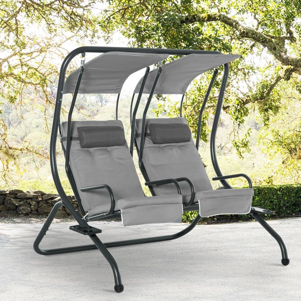 image-Canopy Swing Modern Outdoor Relax Chairs w/ 2 Separate Chairs, Grey