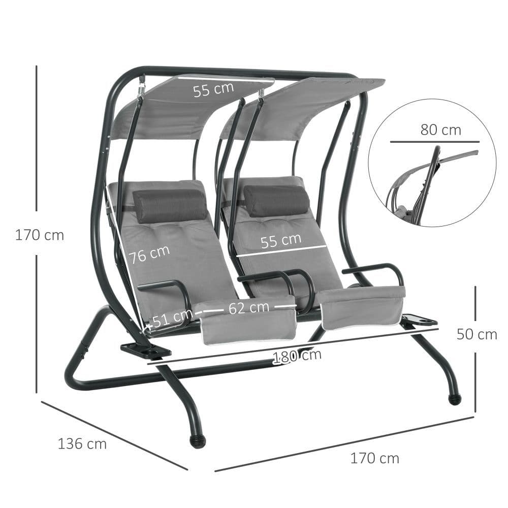 image-Canopy Swing Modern Outdoor Relax Chairs w/ 2 Separate Chairs, Grey