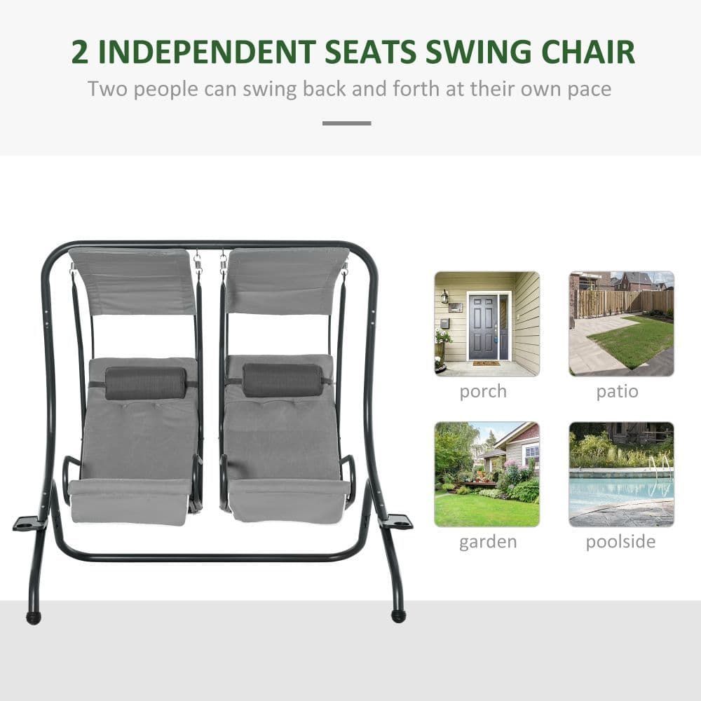image-Canopy Swing Modern Outdoor Relax Chairs w/ 2 Separate Chairs, Grey