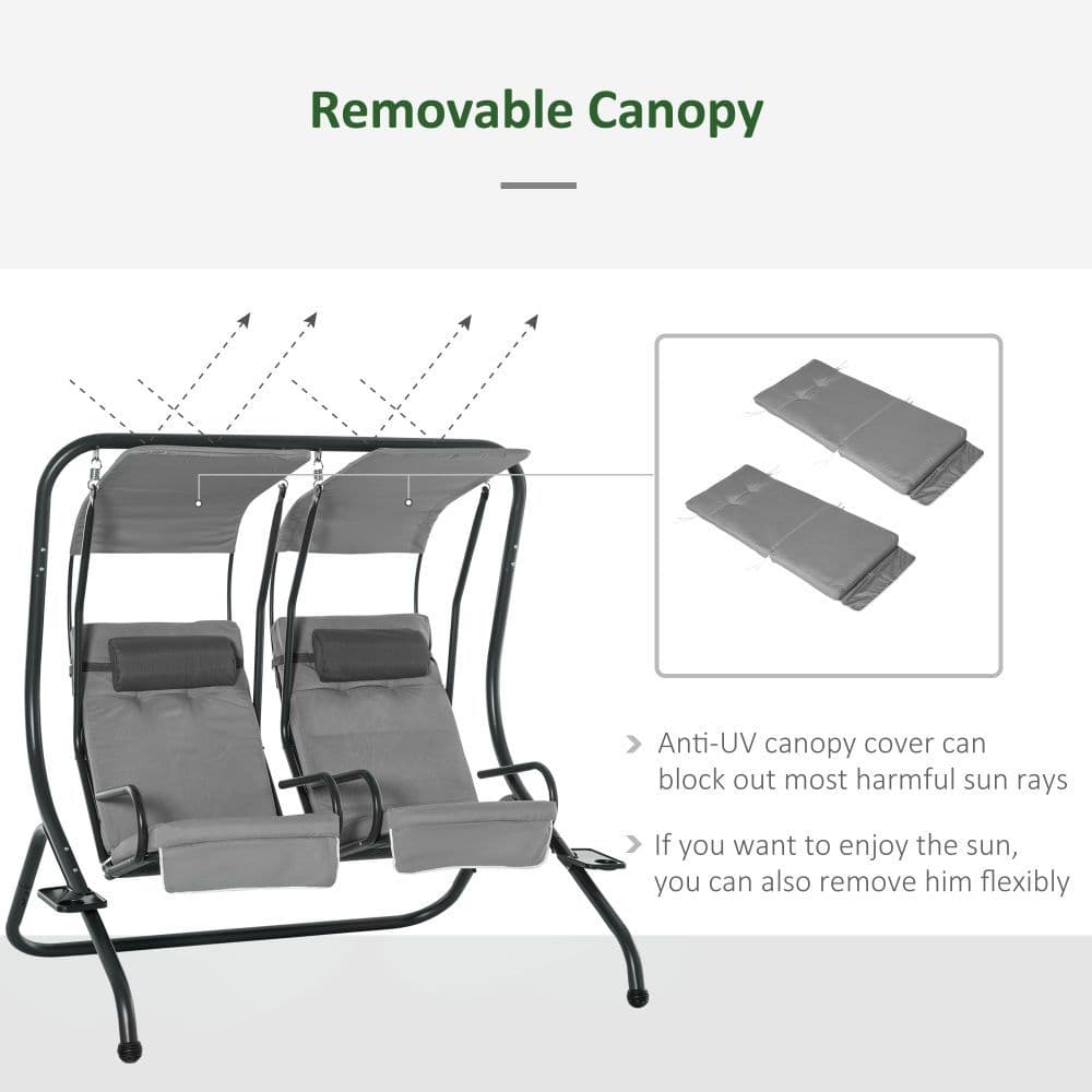 image-Canopy Swing Modern Outdoor Relax Chairs w/ 2 Separate Chairs, Grey