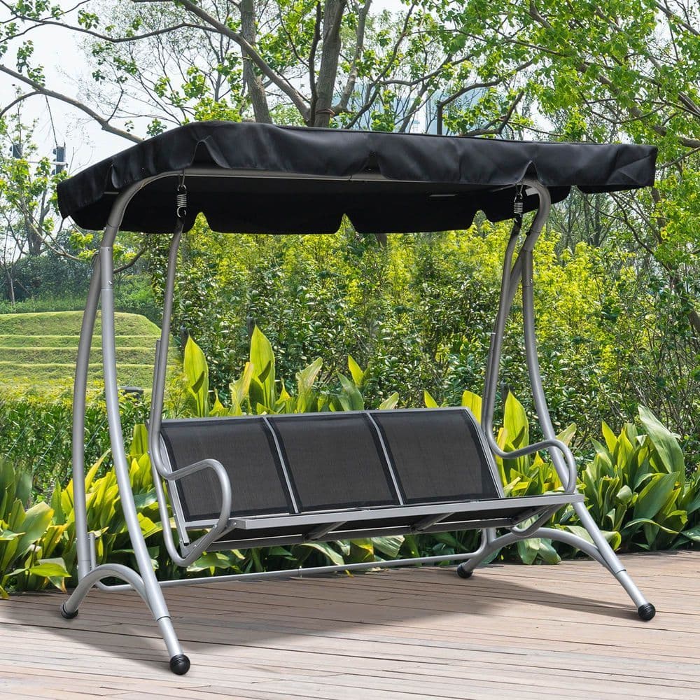 image-3 Person Steel Swing Chair & Adjustable Canopy - Black Seat