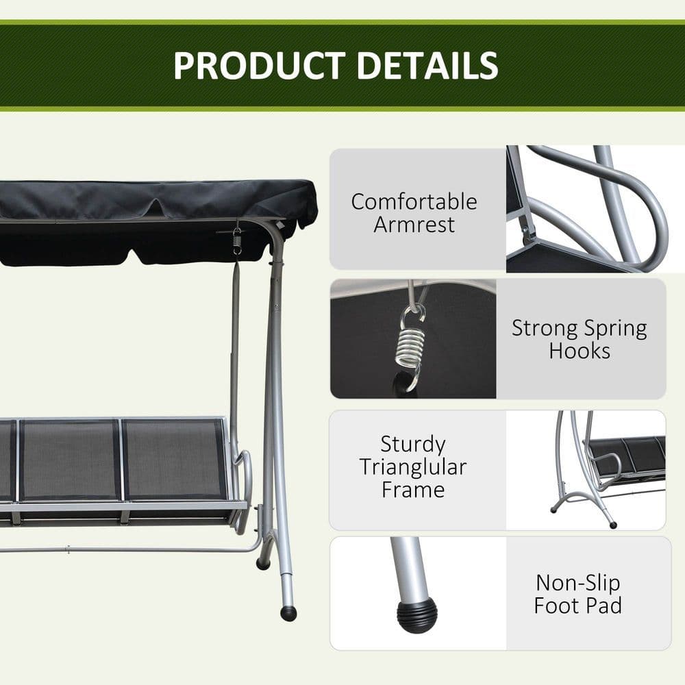 image-3 Person Steel Swing Chair & Adjustable Canopy - Black Seat