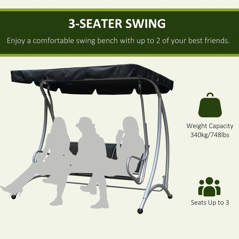 image-3 Person Steel Swing Chair & Adjustable Canopy - Black Seat
