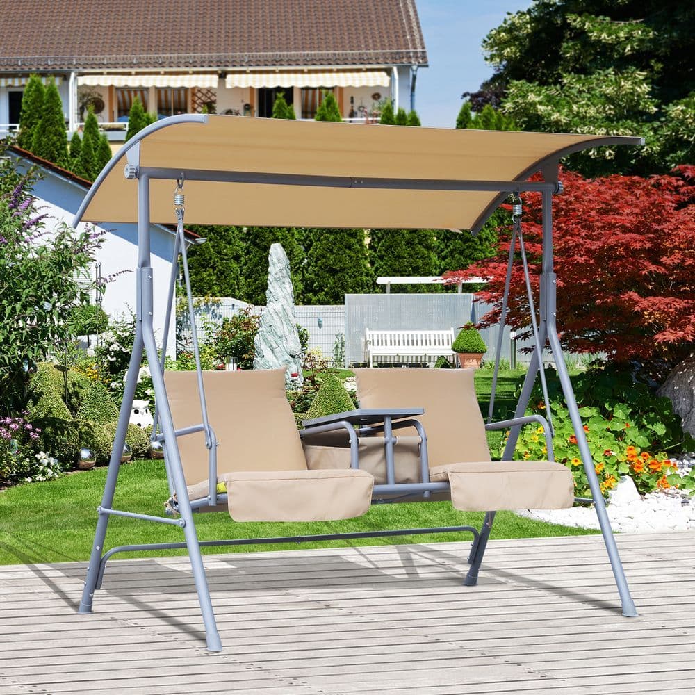 image-Outsunny Outdoor Love Seat Swing Chair, Steel-Beige