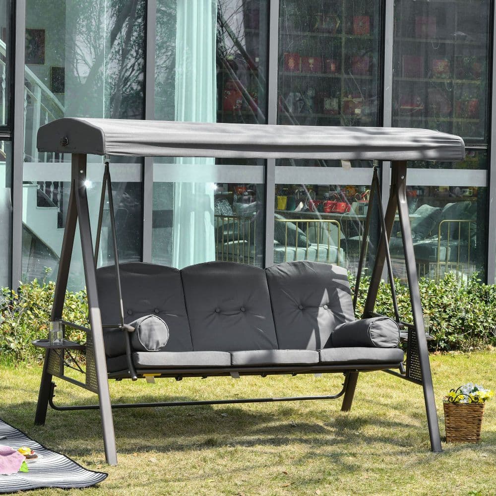 image-Steel Swing Chair Hammock Garden 3 Seater Canopy w/ Cushions Shelter