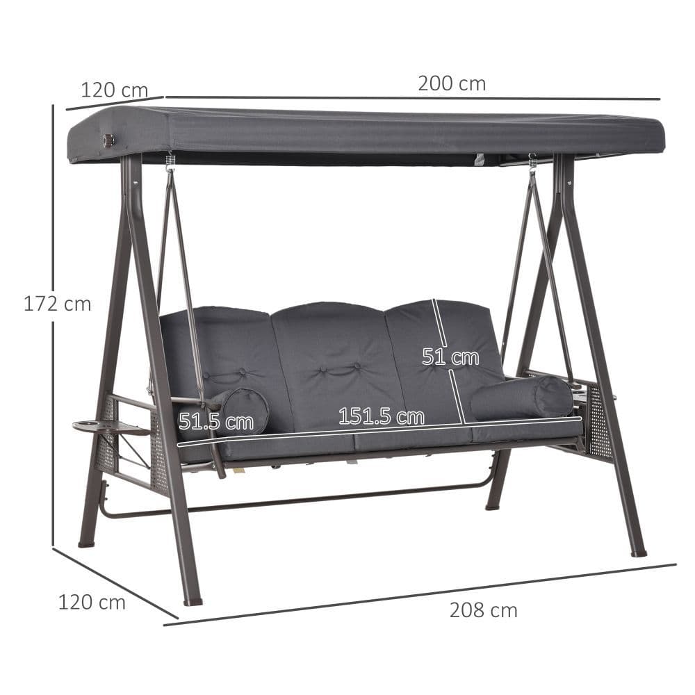 image-Steel Swing Chair Hammock Garden 3 Seater Canopy w/ Cushions Shelter