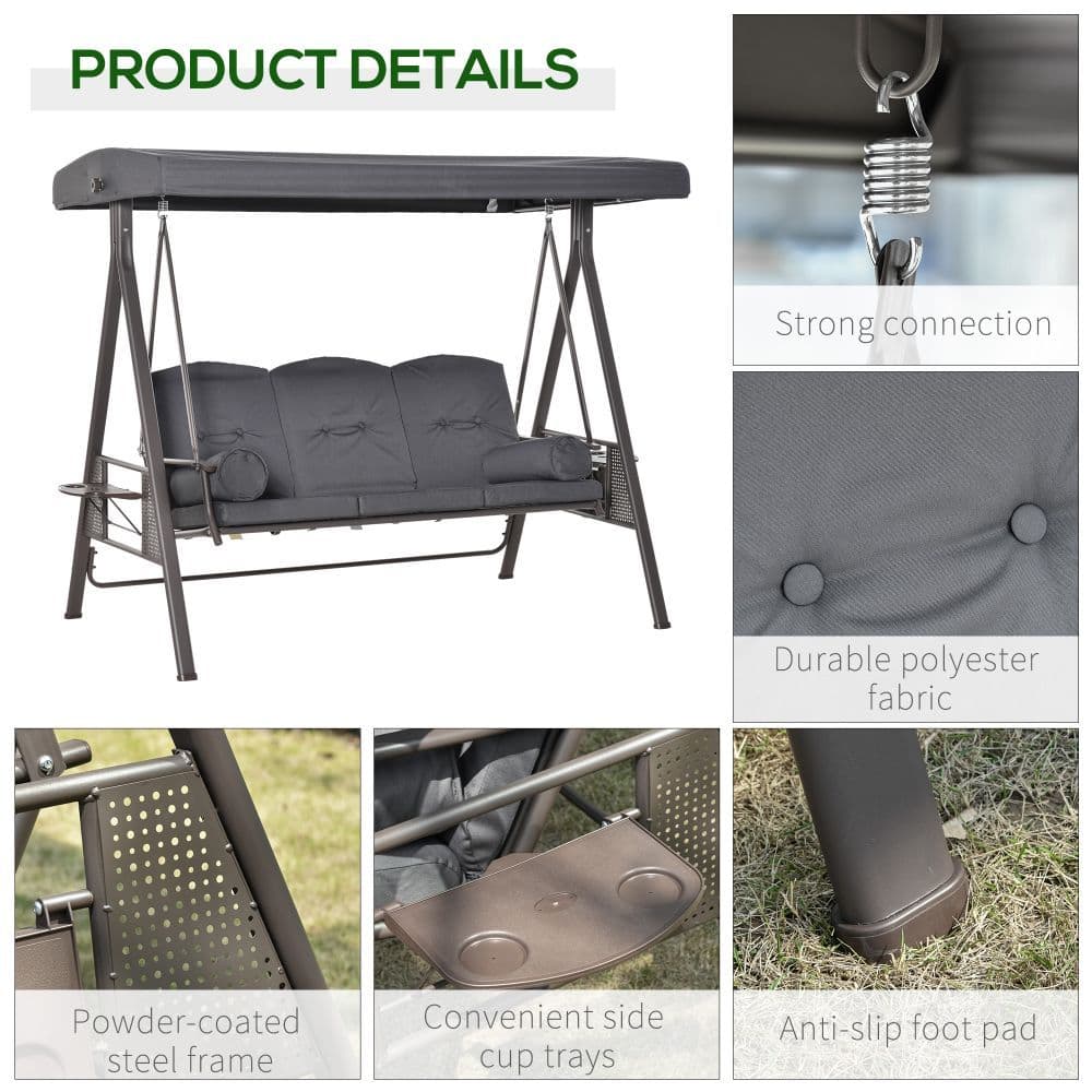 image-Steel Swing Chair Hammock Garden 3 Seater Canopy w/ Cushions Shelter