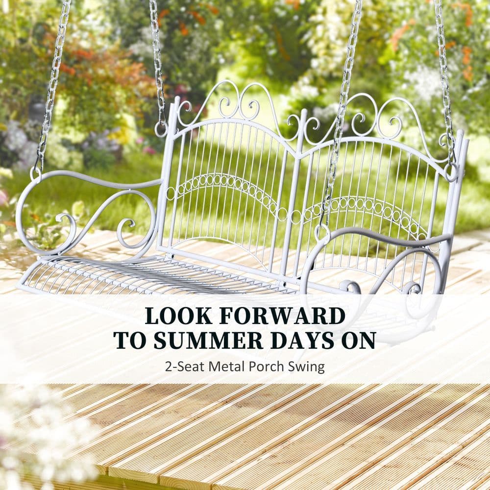 image-Outsunny Metal 2-Seater Outdoor Garden Swing Bench White