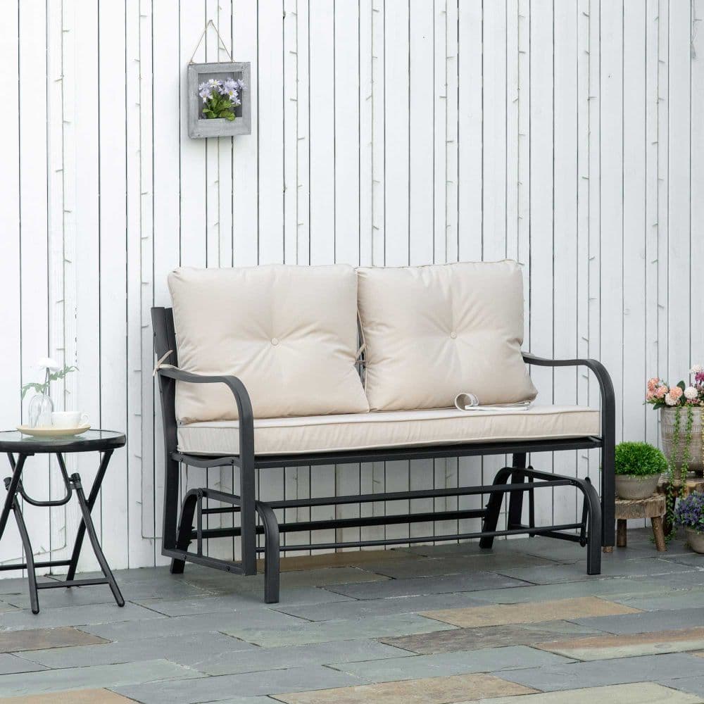 image-2-Person Loveseat Rocking Chair with Armrest & Weather Resistant Cushions, Khaki
