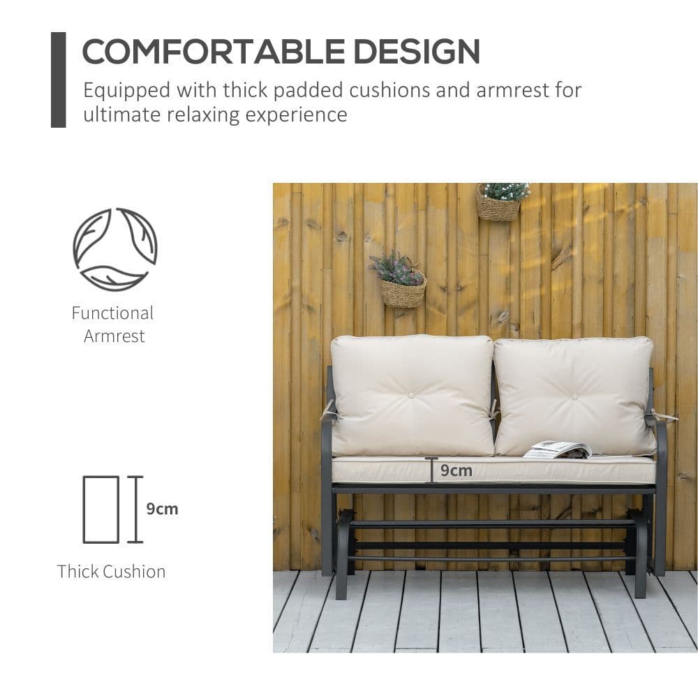 image-2-Person Loveseat Rocking Chair with Armrest & Weather Resistant Cushions, Khaki