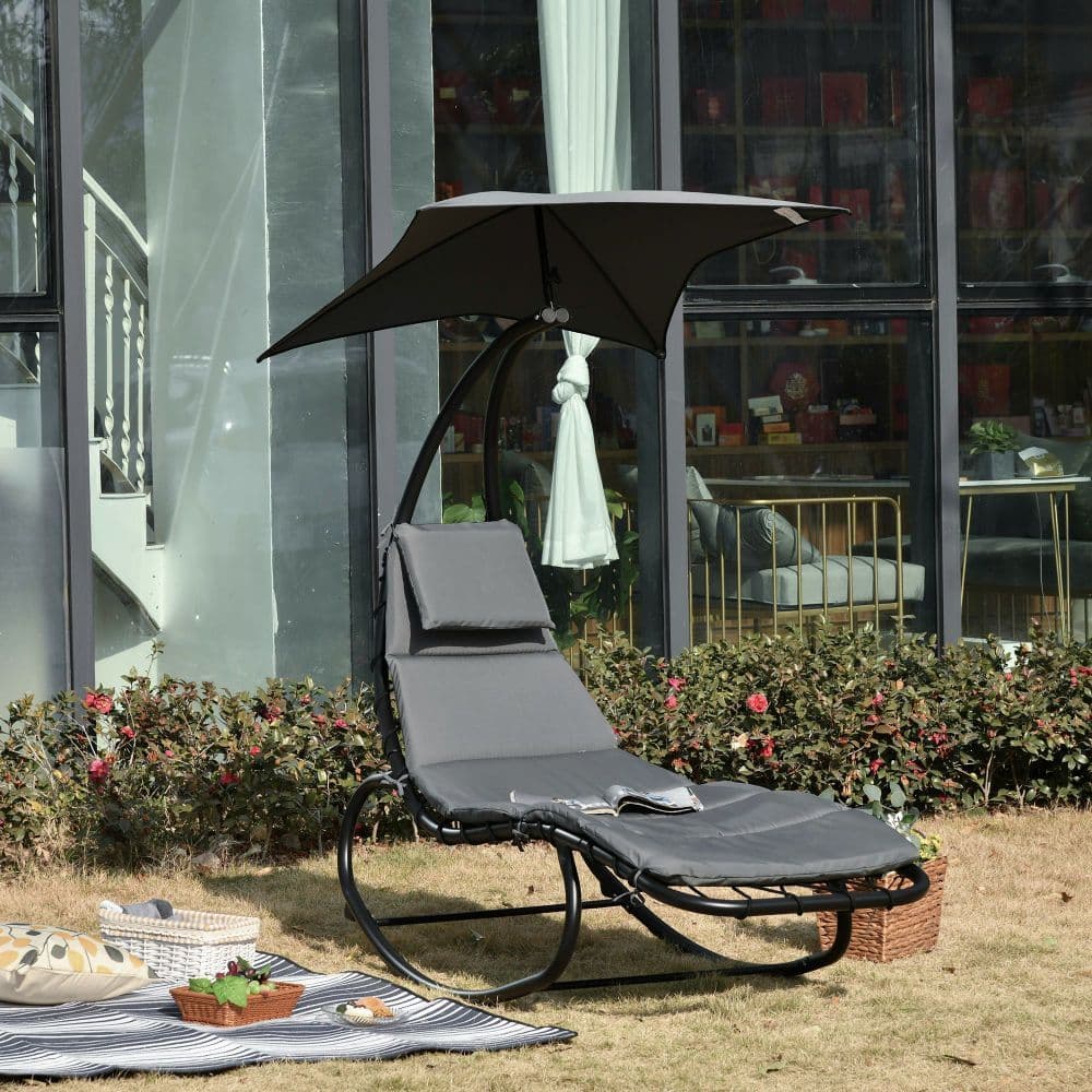 image-Patio Rocking Chaise Lounge Rocking Bed with Canopy Cushion Headrest Pillow