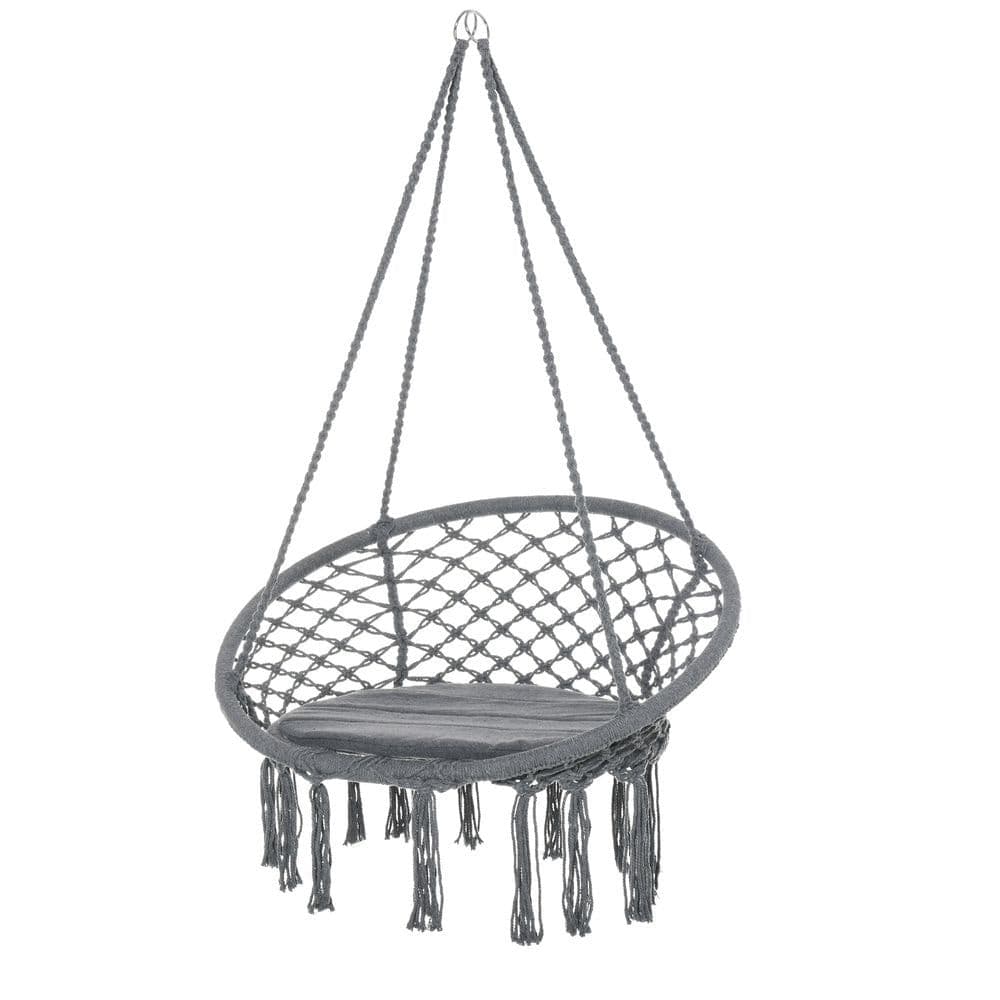 image-Cotton-Polyester Blend Macrame Hanging Chair Swing Hammock & Backrest, Grey