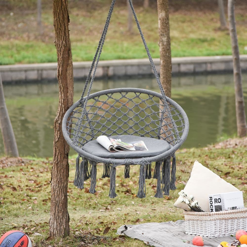 image-Cotton-Polyester Blend Macrame Hanging Chair Swing Hammock & Backrest, Grey