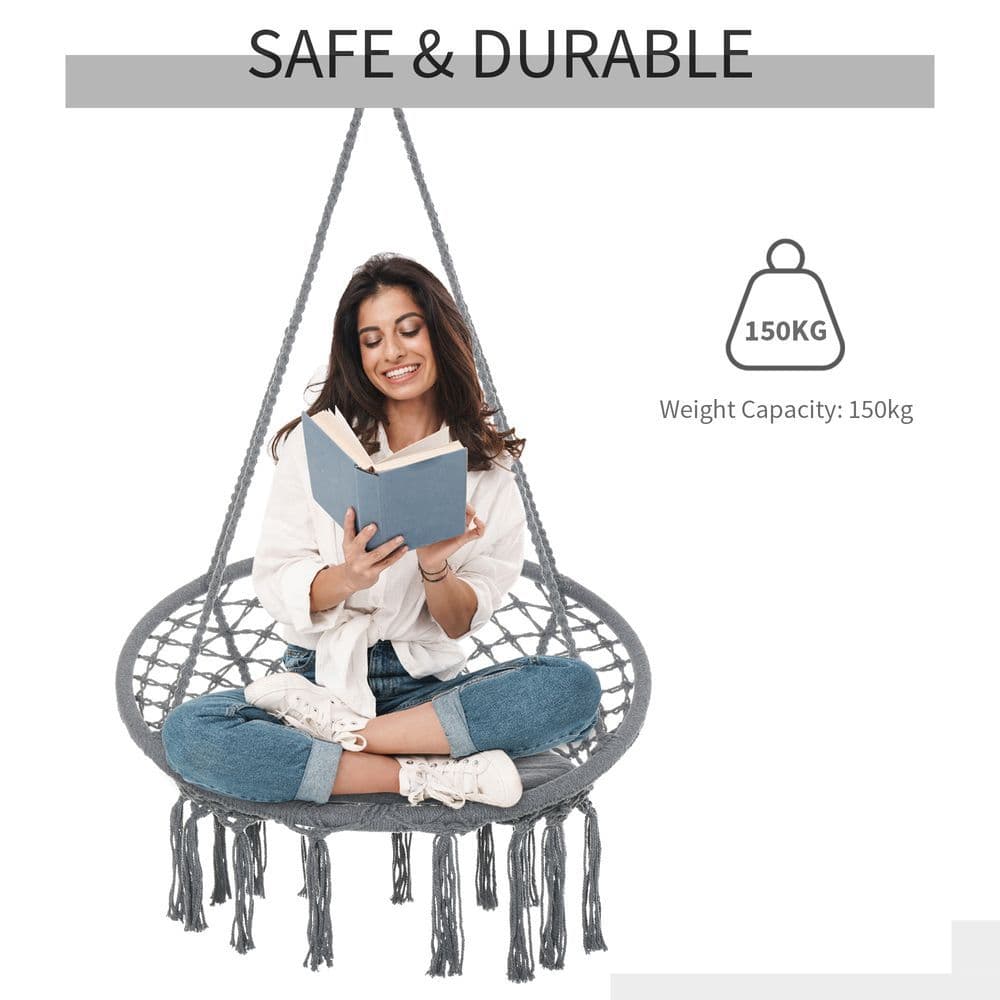 image-Cotton-Polyester Blend Macrame Hanging Chair Swing Hammock & Backrest, Grey