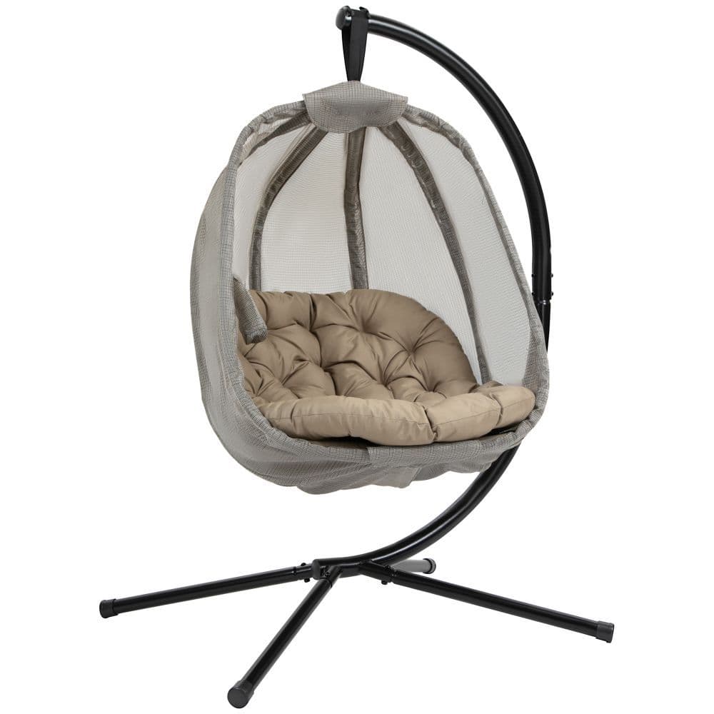 image-Hanging Egg Chair, Swing Hammock with Cushion and Stand, Khaki