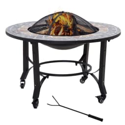 image-2-in-1 Outdoor Fire Pit Bowl on Wheels, Patio Heater & Cooking BBQ Grill, Mosaic