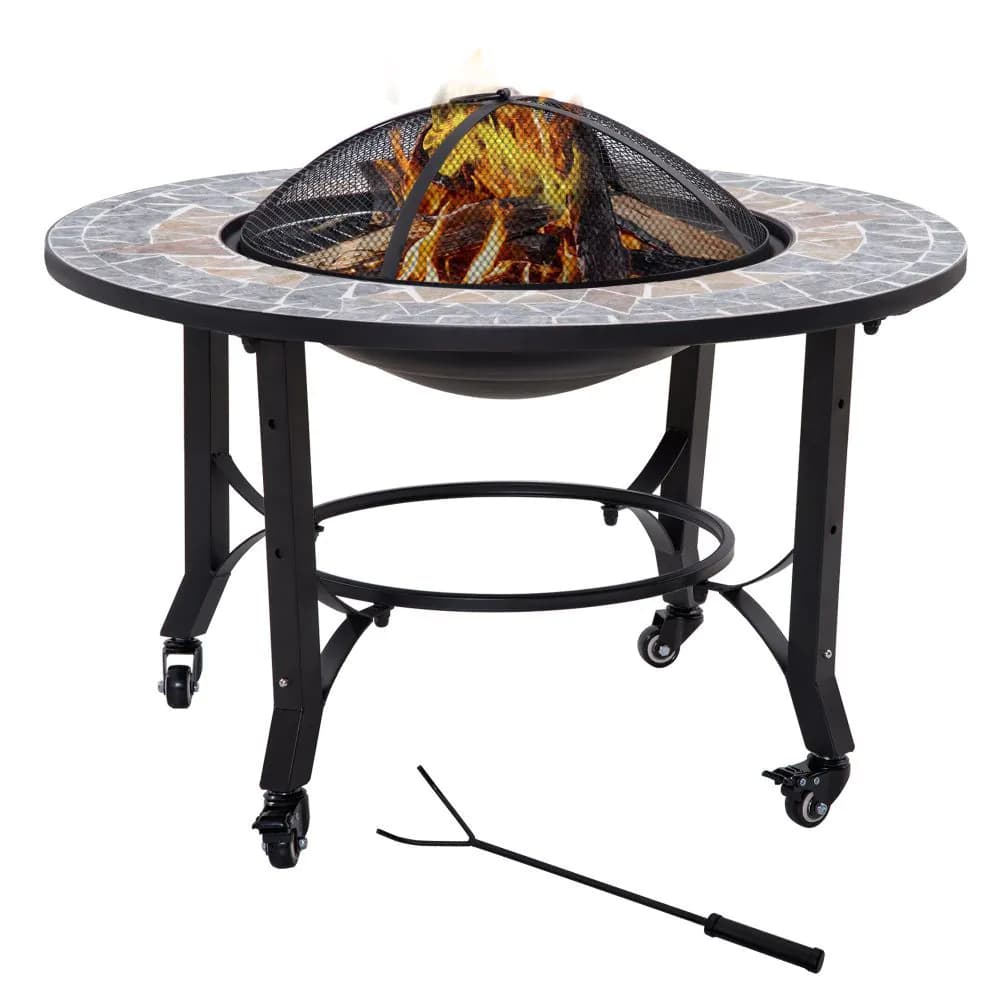 image-2-in-1 Outdoor Fire Pit Bowl on Wheels, Patio Heater & Cooking BBQ Grill, Mosaic