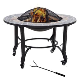 image-2-in-1 Outdoor Fire Pit Bowl on Wheels, Patio Heater & Cooking BBQ Grill, Mosaic