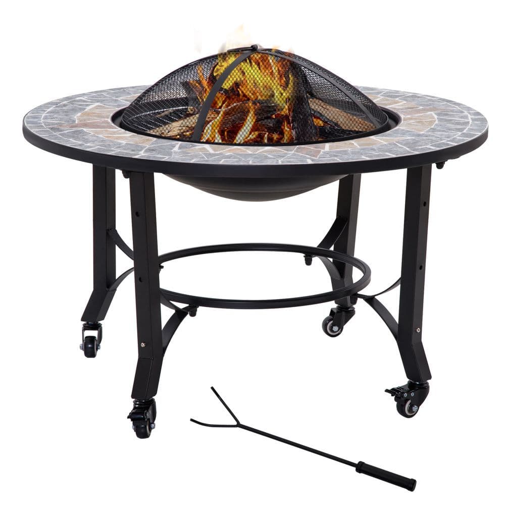 image-2-in-1 Outdoor Fire Pit Bowl on Wheels, Patio Heater & Cooking BBQ Grill, Mosaic