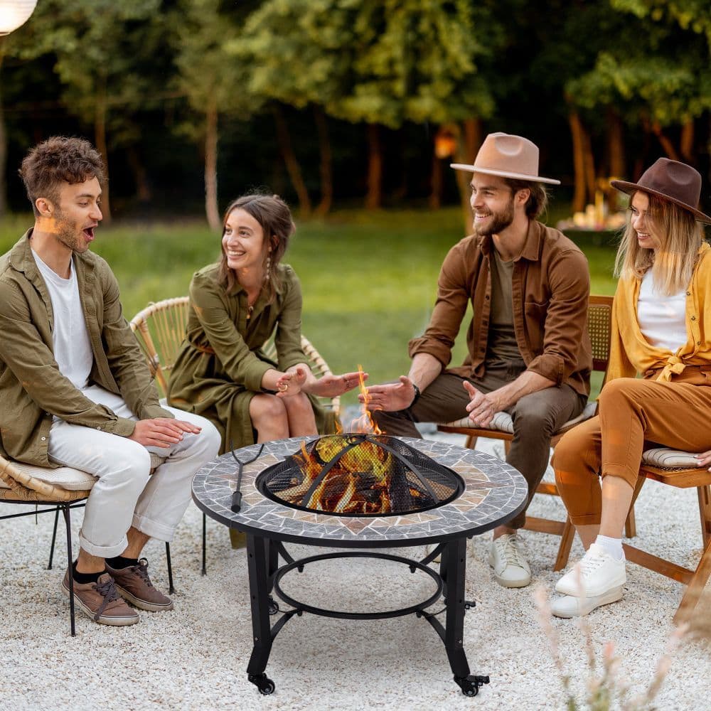 image-2-in-1 Outdoor Fire Pit Bowl on Wheels, Patio Heater & Cooking BBQ Grill, Mosaic