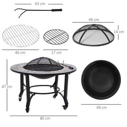 image-2-in-1 Outdoor Fire Pit Bowl on Wheels, Patio Heater & Cooking BBQ Grill, Mosaic