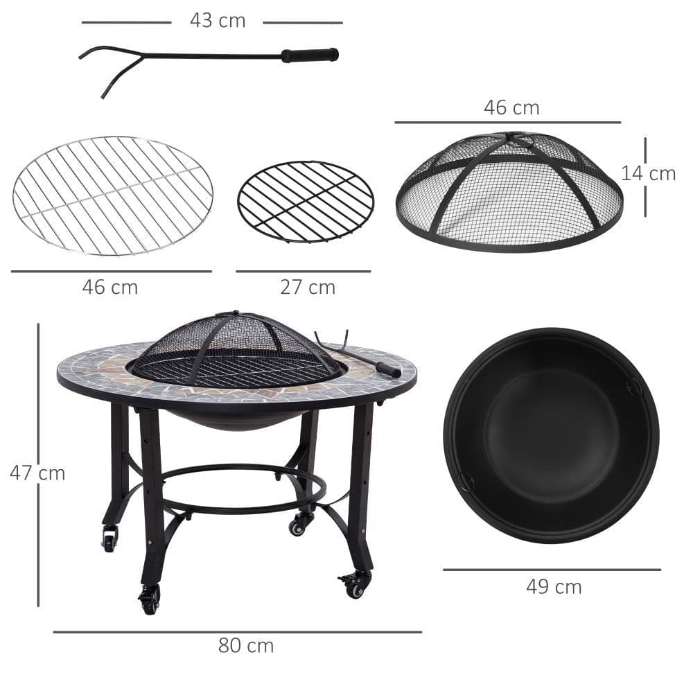 image-2-in-1 Outdoor Fire Pit Bowl on Wheels, Patio Heater & Cooking BBQ Grill, Mosaic