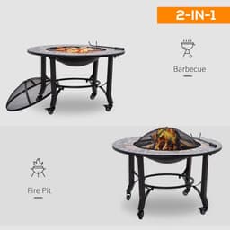 image-2-in-1 Outdoor Fire Pit Bowl on Wheels, Patio Heater & Cooking BBQ Grill, Mosaic