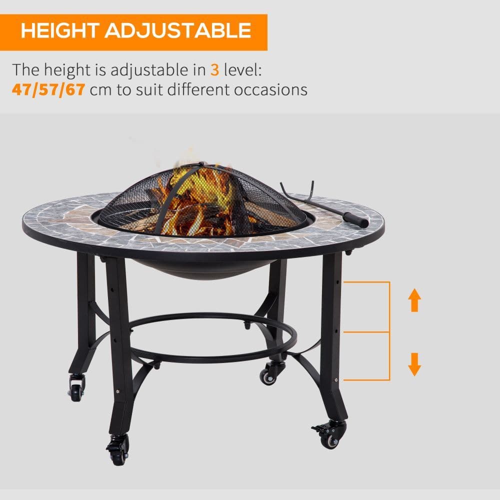 image-2-in-1 Outdoor Fire Pit Bowl on Wheels, Patio Heater & Cooking BBQ Grill, Mosaic