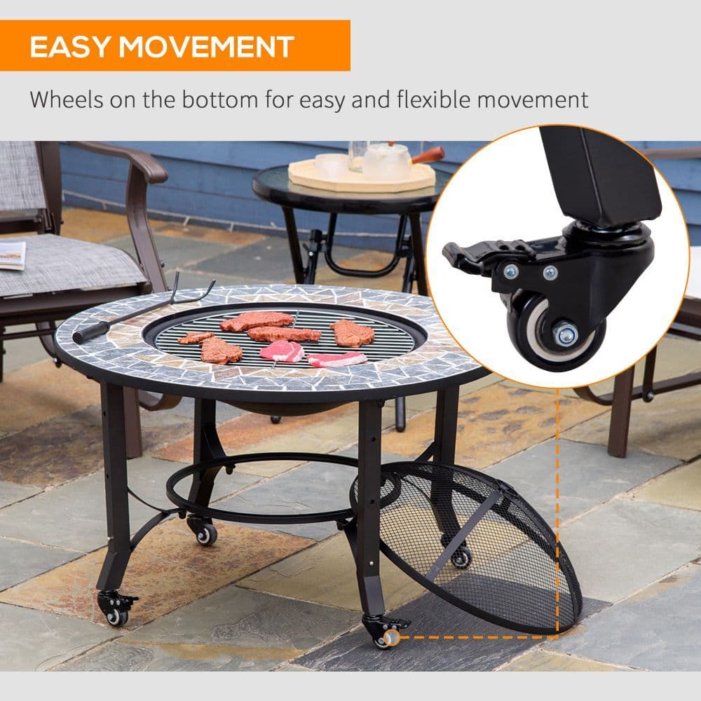 image-2-in-1 Outdoor Fire Pit Bowl on Wheels, Patio Heater & Cooking BBQ Grill, Mosaic