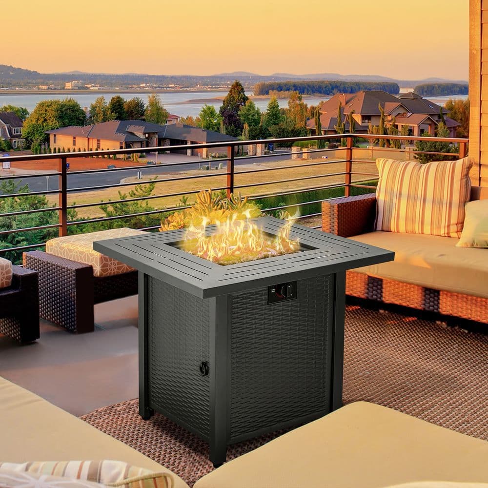 image-Square Propane Gas Fire Pit Table Rattan Smokeless Patio Heater Lava Rocks & Lid