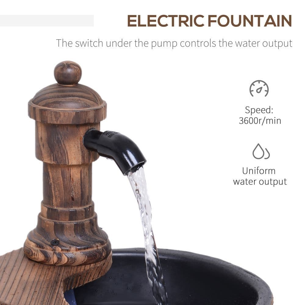 image-Outsunny Barrel Water Pump Fountain Rustic Wood Electric Water Feature Garden