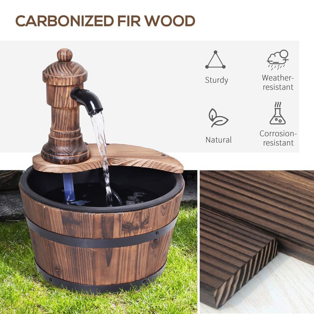 image-Outsunny Barrel Water Pump Fountain Rustic Wood Electric Water Feature Garden