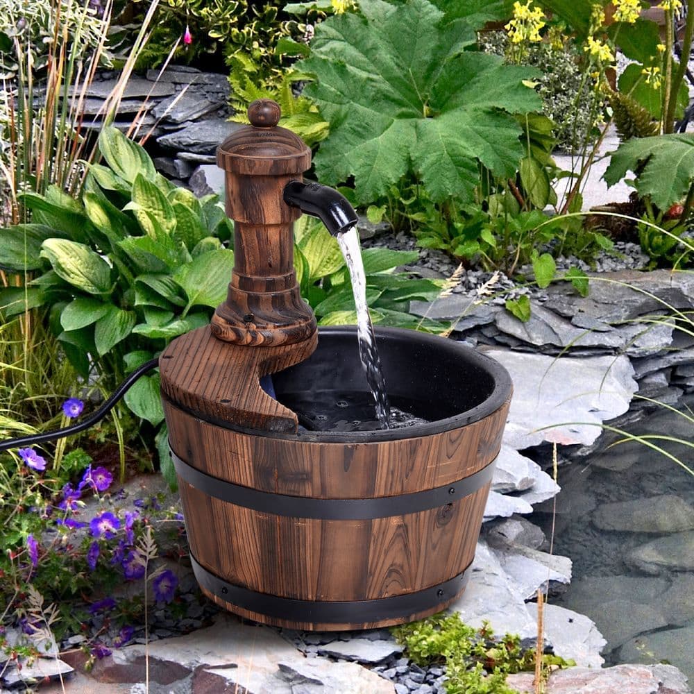 image-Outsunny Barrel Water Pump Fountain Rustic Wood Electric Water Feature Garden