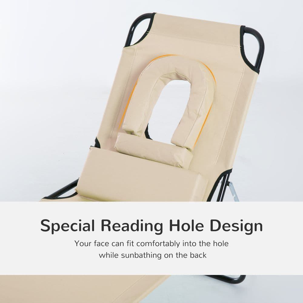 image-Sun Lounger Foldable Reclining Chair & Reading Hole Recliner Adjustable, Beige