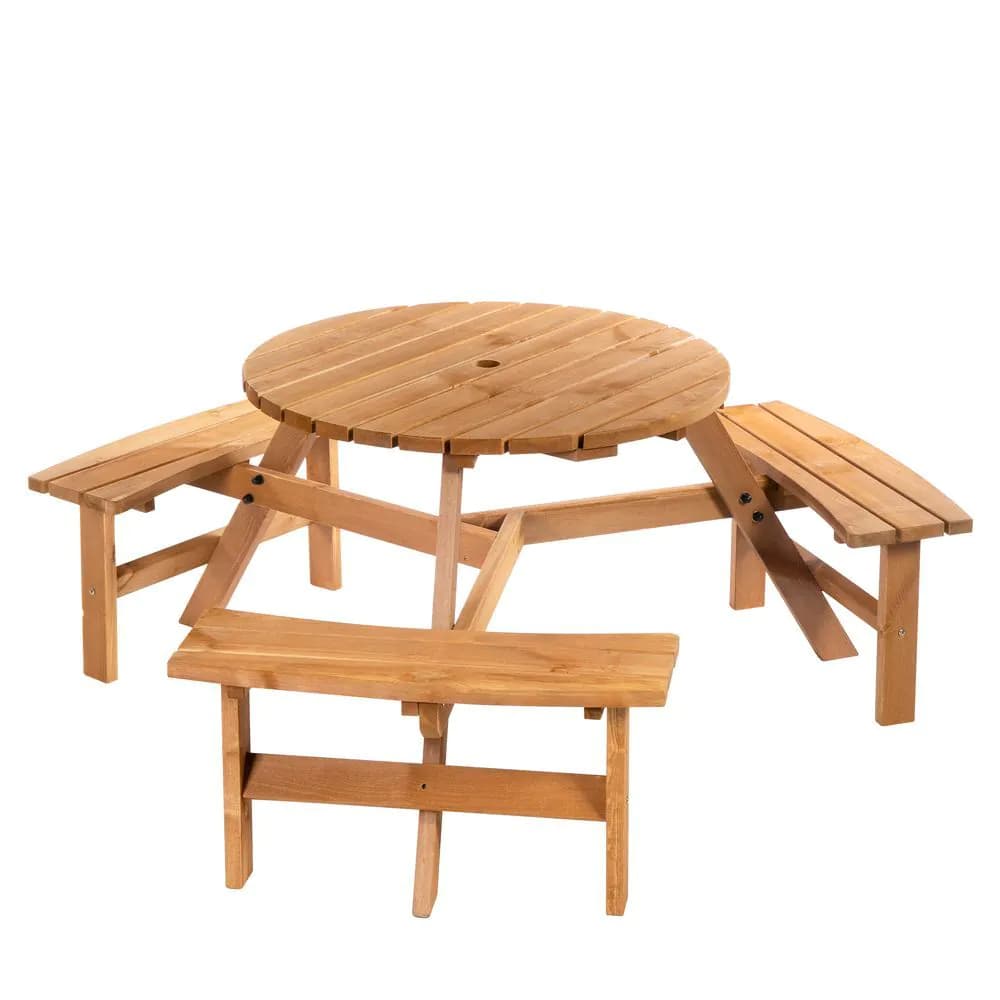 image-Outsunny Round Table W/3 Attached Benches-Fir Wood