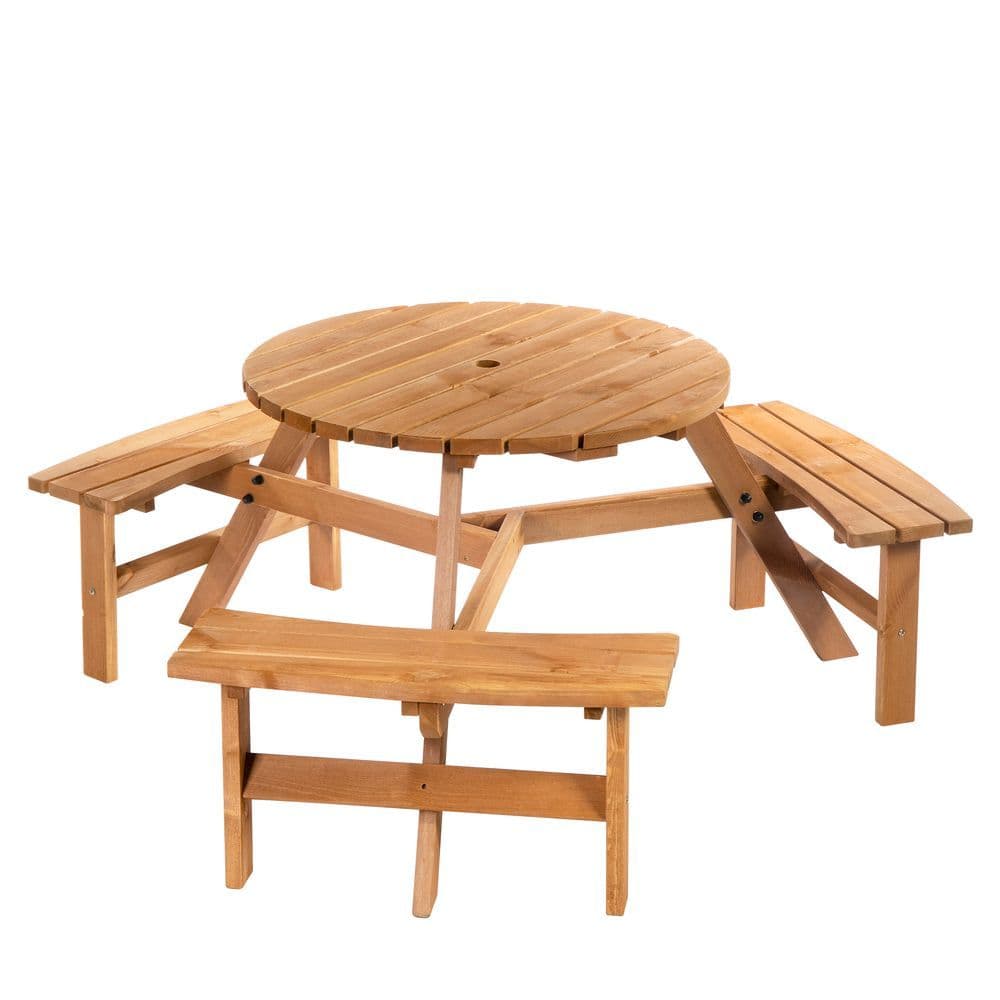 image-Outsunny Round Table W/3 Attached Benches-Fir Wood