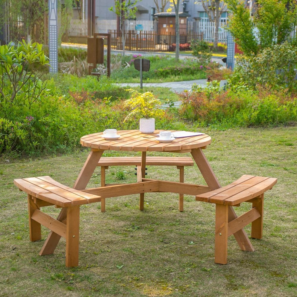 image-Outsunny Round Table W/3 Attached Benches-Fir Wood