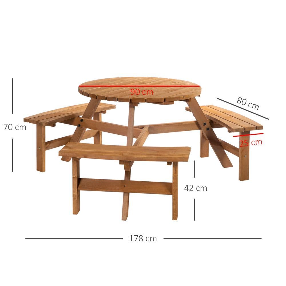 image-Outsunny Round Table W/3 Attached Benches-Fir Wood