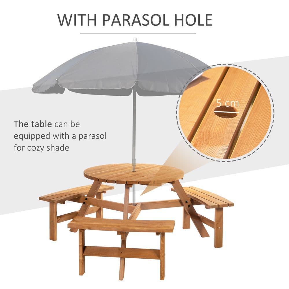 image-Outsunny Round Table W/3 Attached Benches-Fir Wood