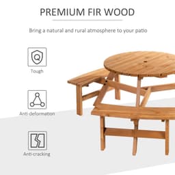 image-Outsunny Round Table W/3 Attached Benches-Fir Wood