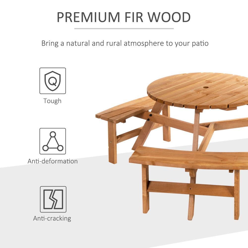 image-Outsunny Round Table W/3 Attached Benches-Fir Wood