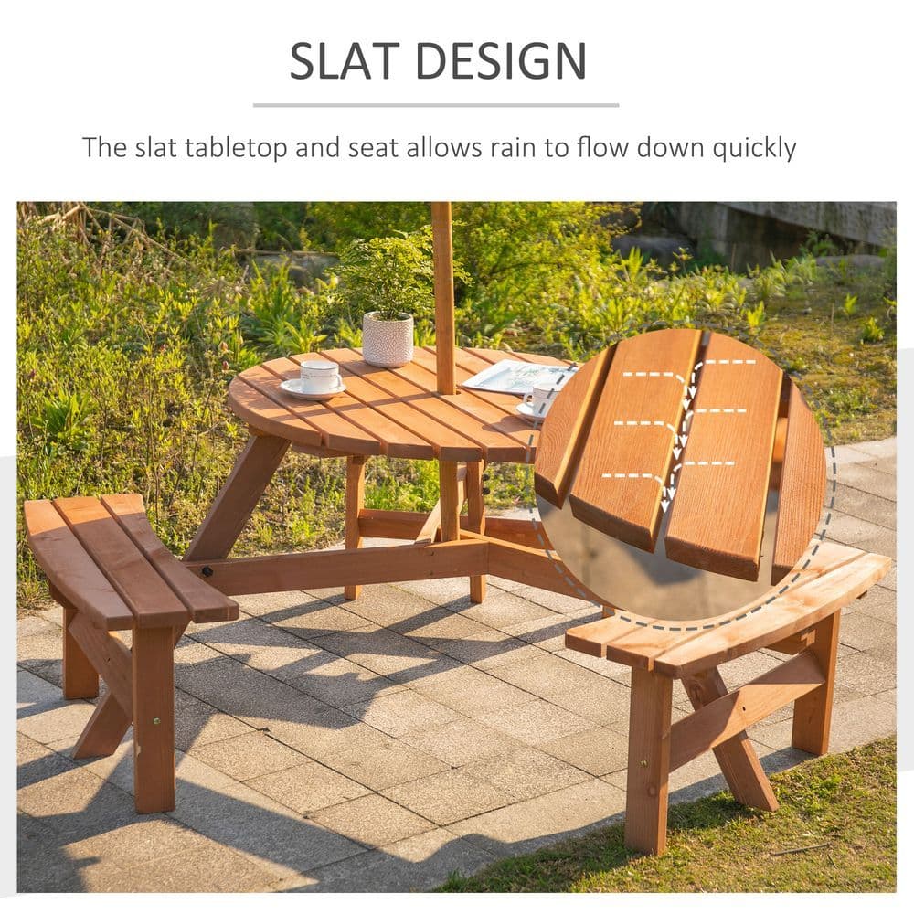 image-Outsunny Round Table W/3 Attached Benches-Fir Wood