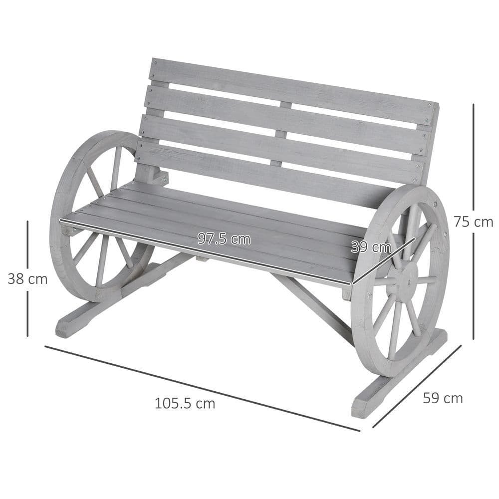image-2 Seater Bench Armrest Chair & Wooden Cart Wagon Wheel Rustic High Back Grey