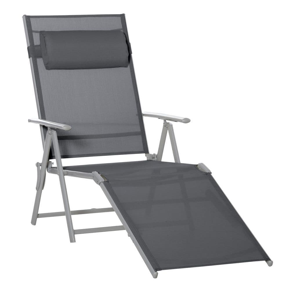 image-Sun Lounger Folding Chaise Chair Recliner & 7 Adjustable Backrest - Dark Grey