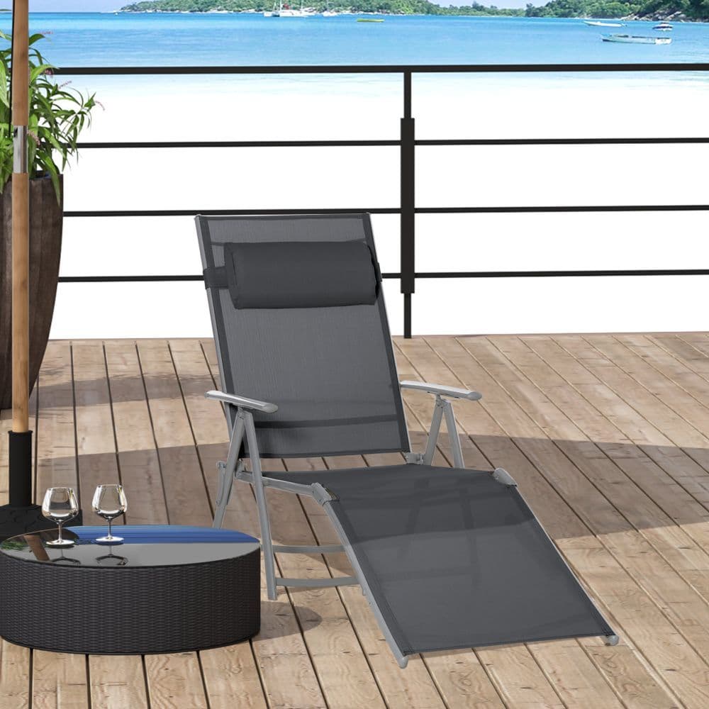 image-Sun Lounger Folding Chaise Chair Recliner & 7 Adjustable Backrest - Dark Grey