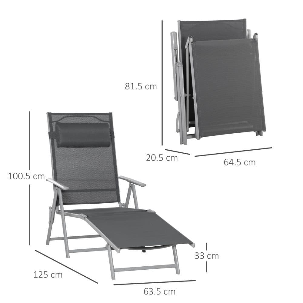 image-Sun Lounger Folding Chaise Chair Recliner & 7 Adjustable Backrest - Dark Grey